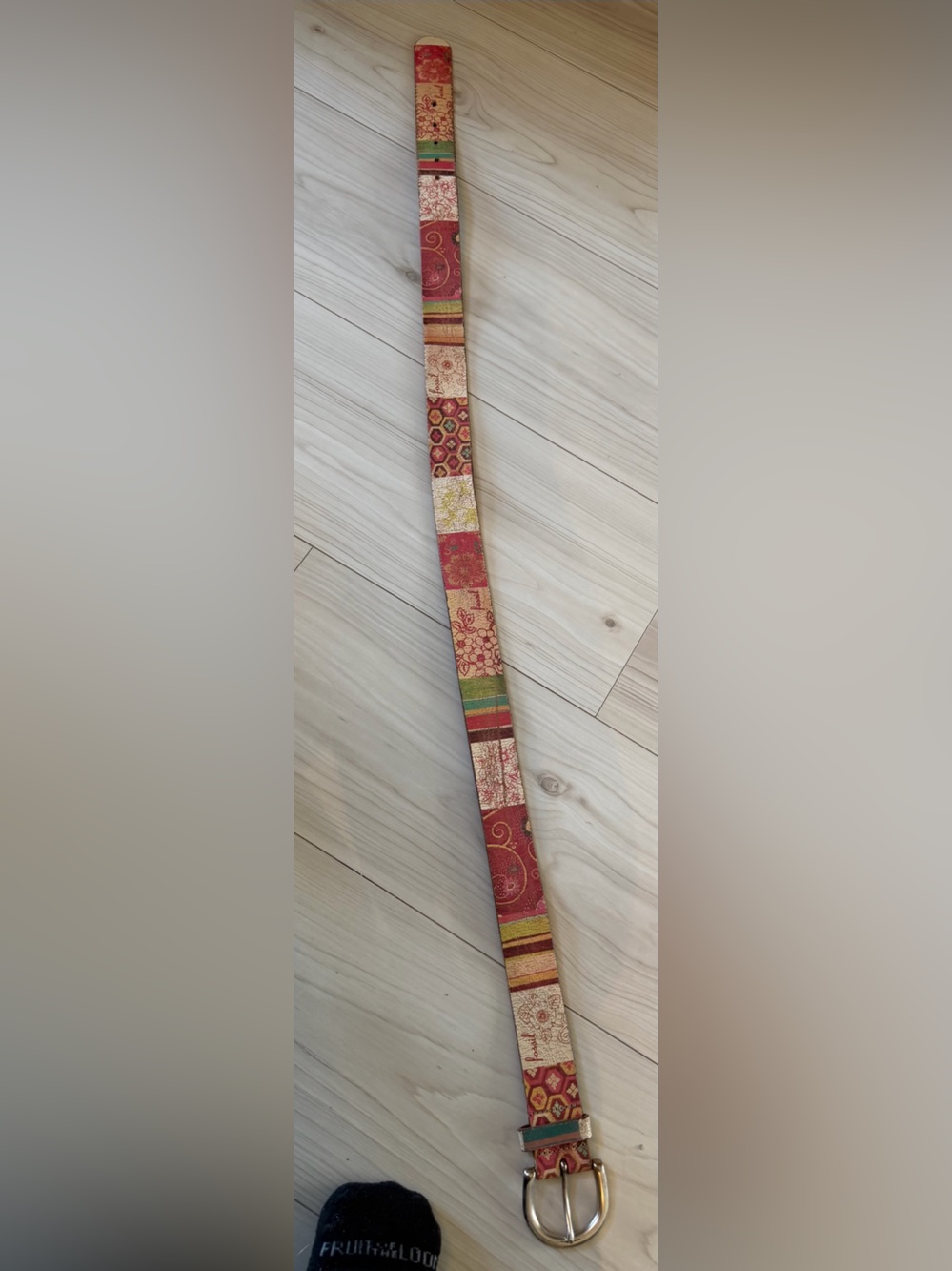 Vintage Fossil Patchwork Floral Leather Belt Multicolor Boho